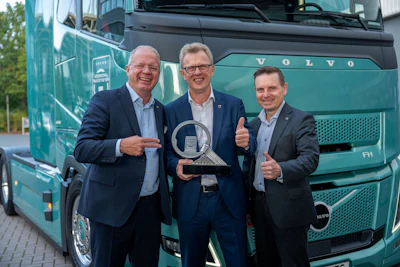 Volvo accepted the award on September 14 at the International Truck of the Year ceremony during IAA Transportation in Hanover, Germany. Pictured from left are: Martin Lundstedt, CEO and president of Volvo Group; Roger Alm, executive vice president of Volvo Group and president of Volvo Trucks; and Jens Holtinger, chief technology officer of Volvo Group and executive vice president of Trucks Technology & Industrial Division.