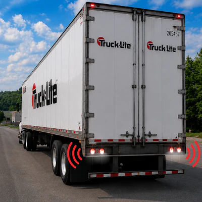 Truck-lite branded white commercial delivery truck with red logo and safety warning lights on highway