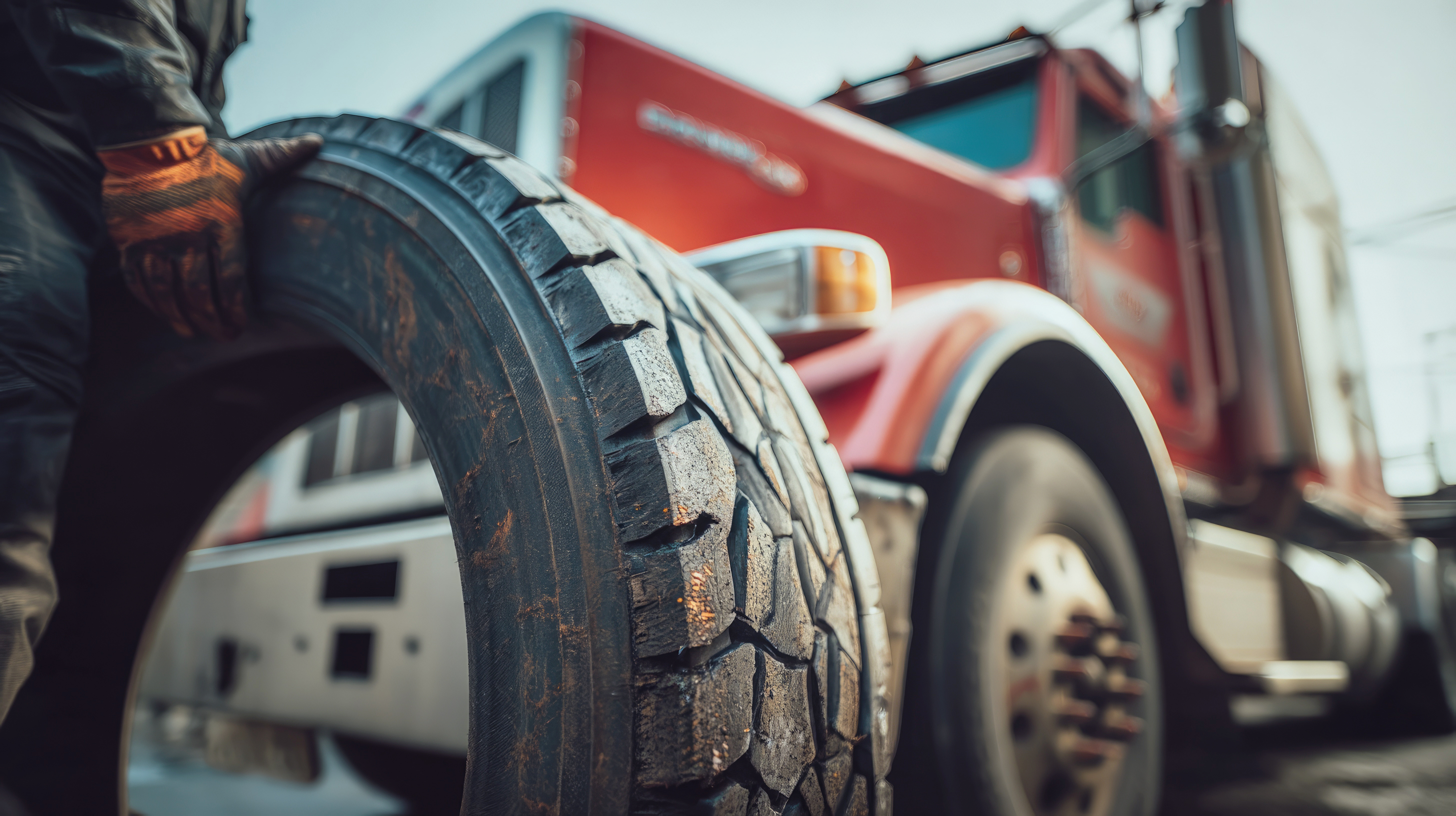 Close-up of worn truck tire tread with red commercial truck blurred in background
