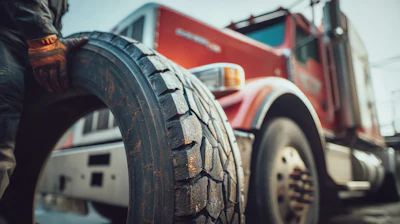 Close-up of worn truck tire tread with red commercial truck blurred in background