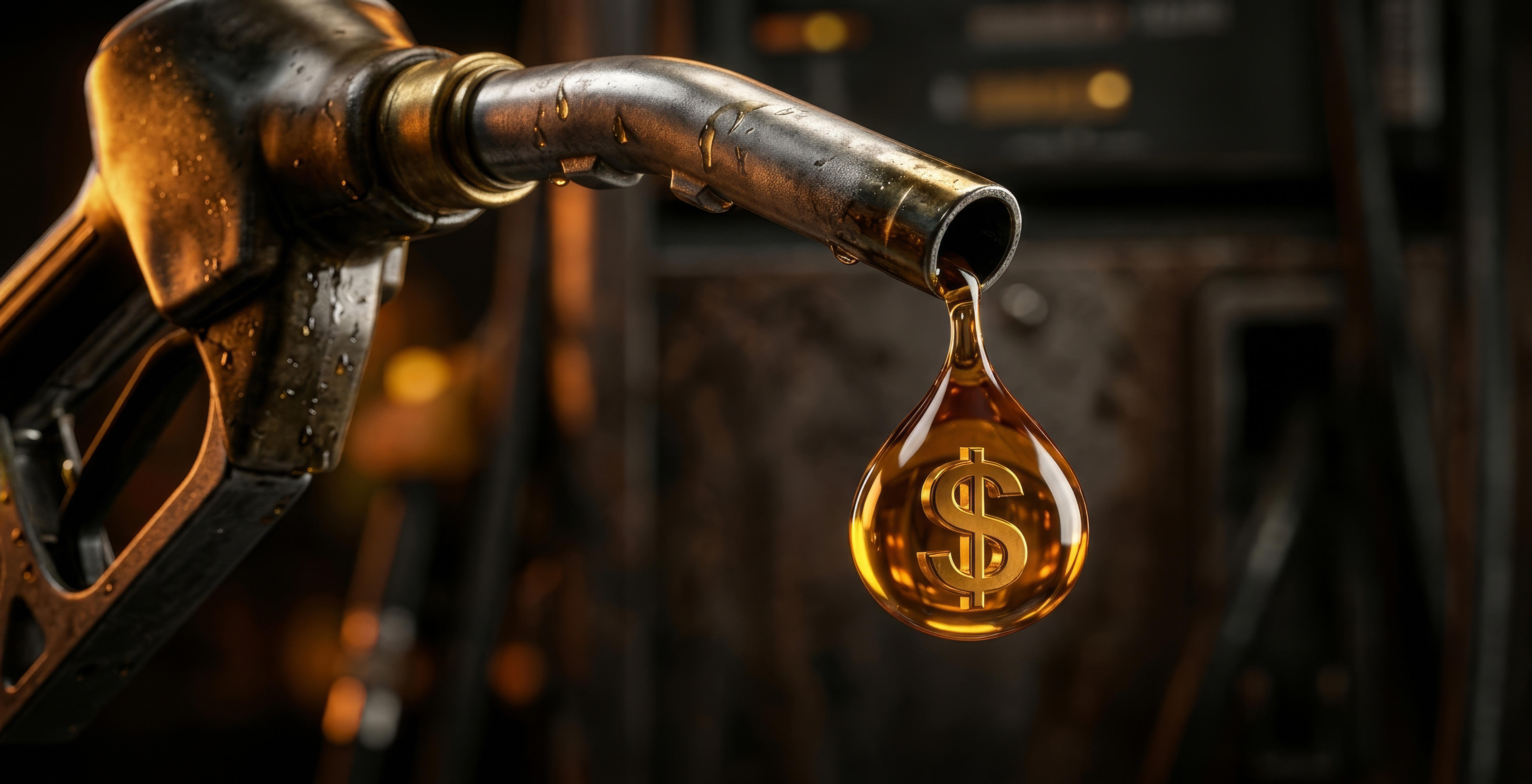 Gas pump nozzle dispensing golden fuel droplet with dollar sign symbol