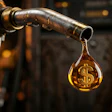 Gas pump nozzle dispensing golden fuel droplet with dollar sign symbol