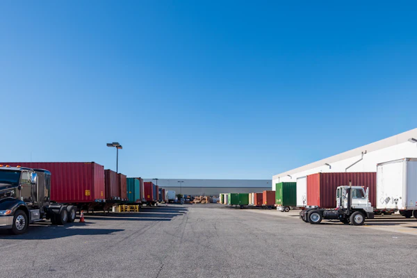Industrial logistics yard with semi-trucks and colorful shipping containers under clear blue sky