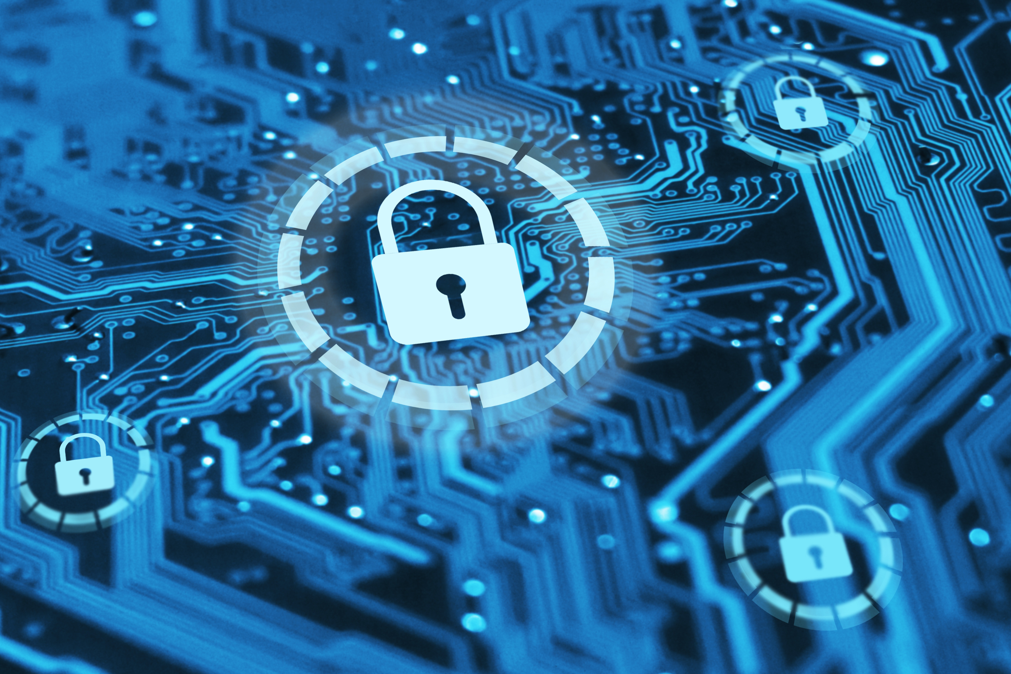 Digital security concept with glowing padlock icons on blue circuit board background