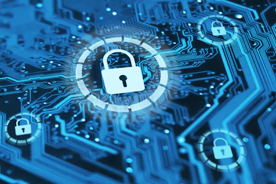 Digital security concept with glowing padlock icons on blue circuit board background