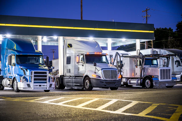 Fleet of commercial semi-trucks parked under illuminated canopy at truck stop during dusk