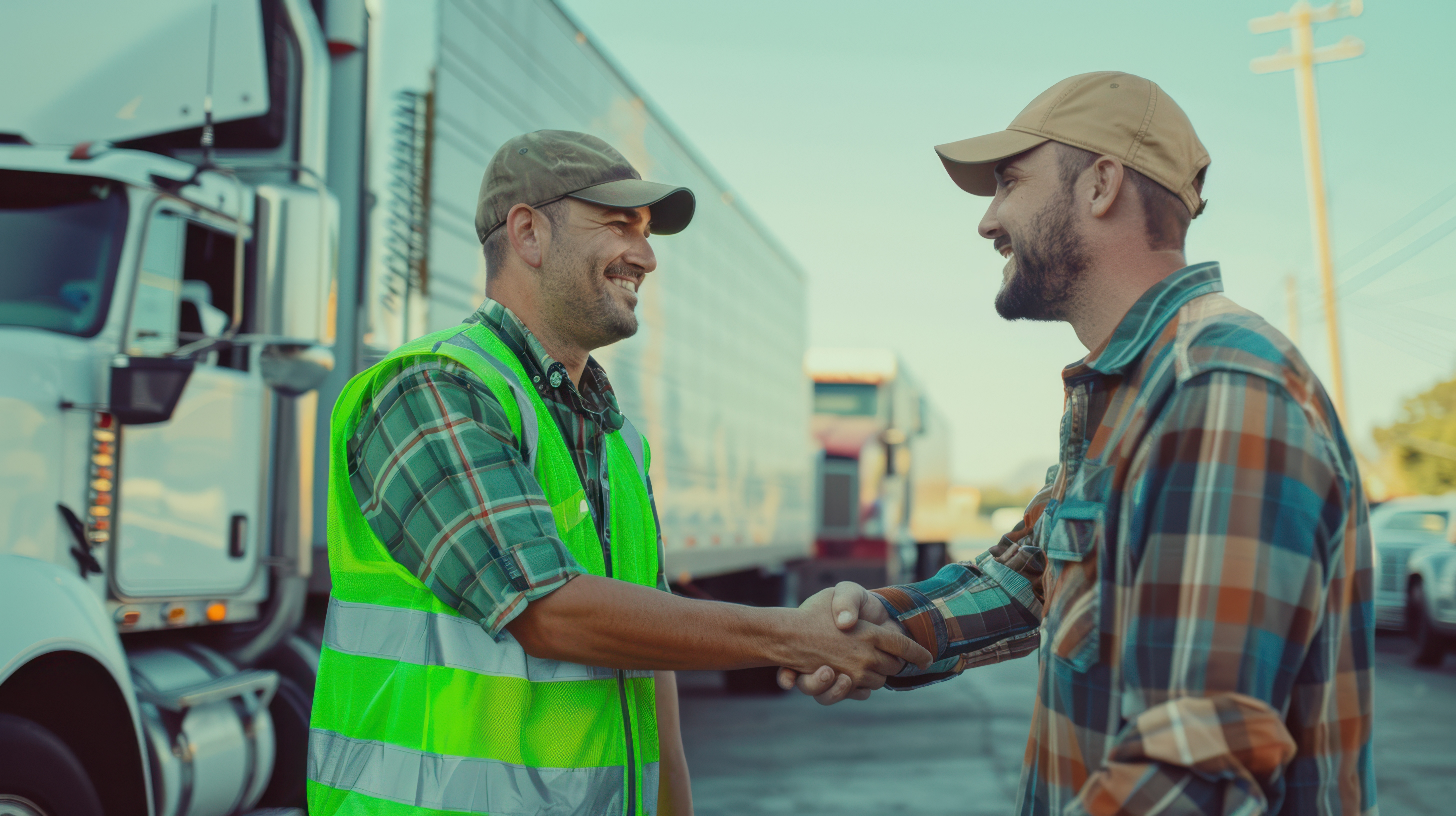 Two workers in safety gear shake hands in front of trucks at a logistics facility during sunset