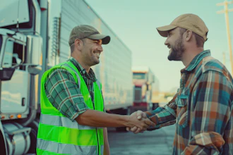 Two workers in safety gear shake hands in front of trucks at a logistics facility during sunset