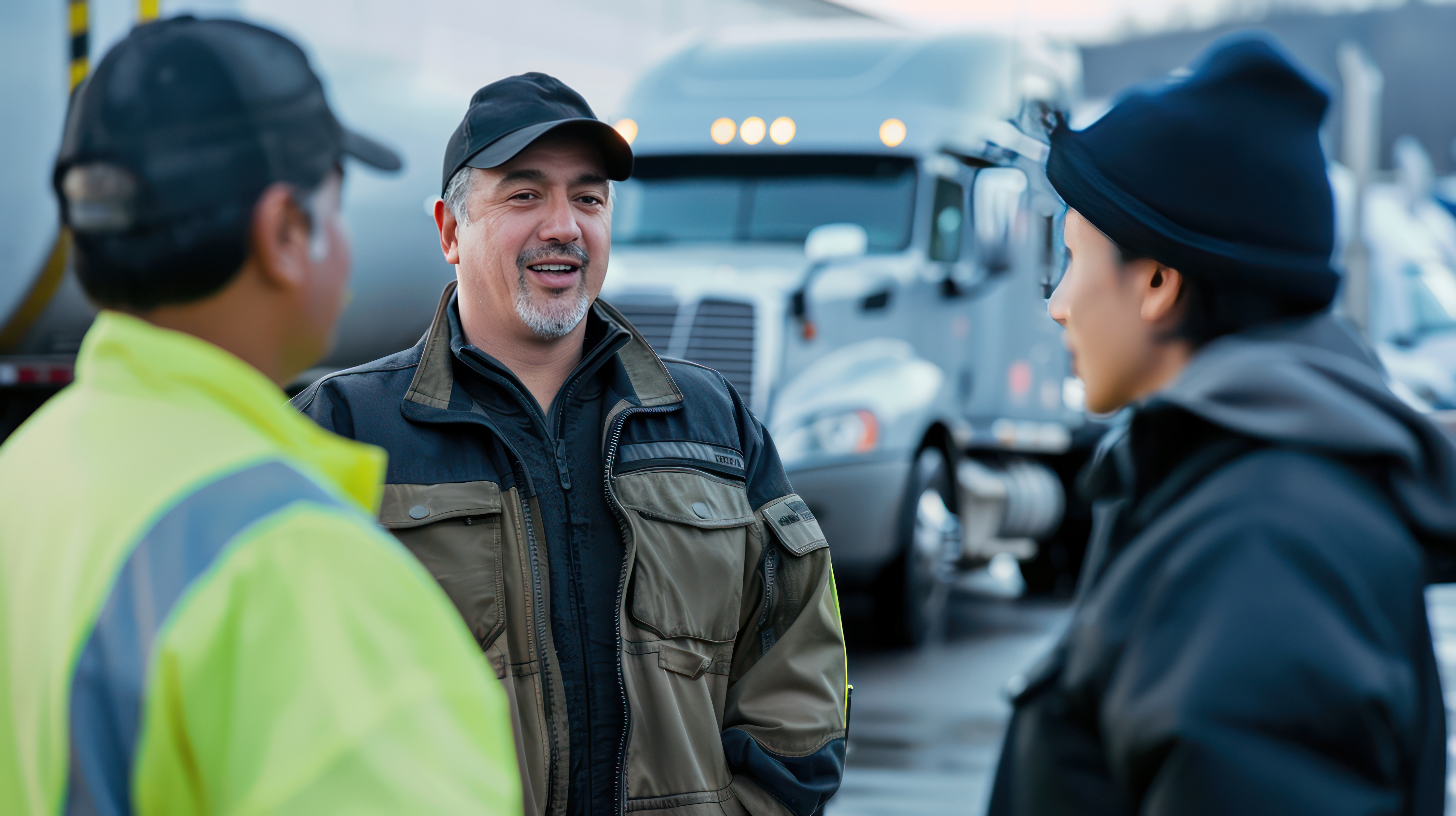 Three transportation workers smiling while discussing at a trucking facility with semi-trucks in the background