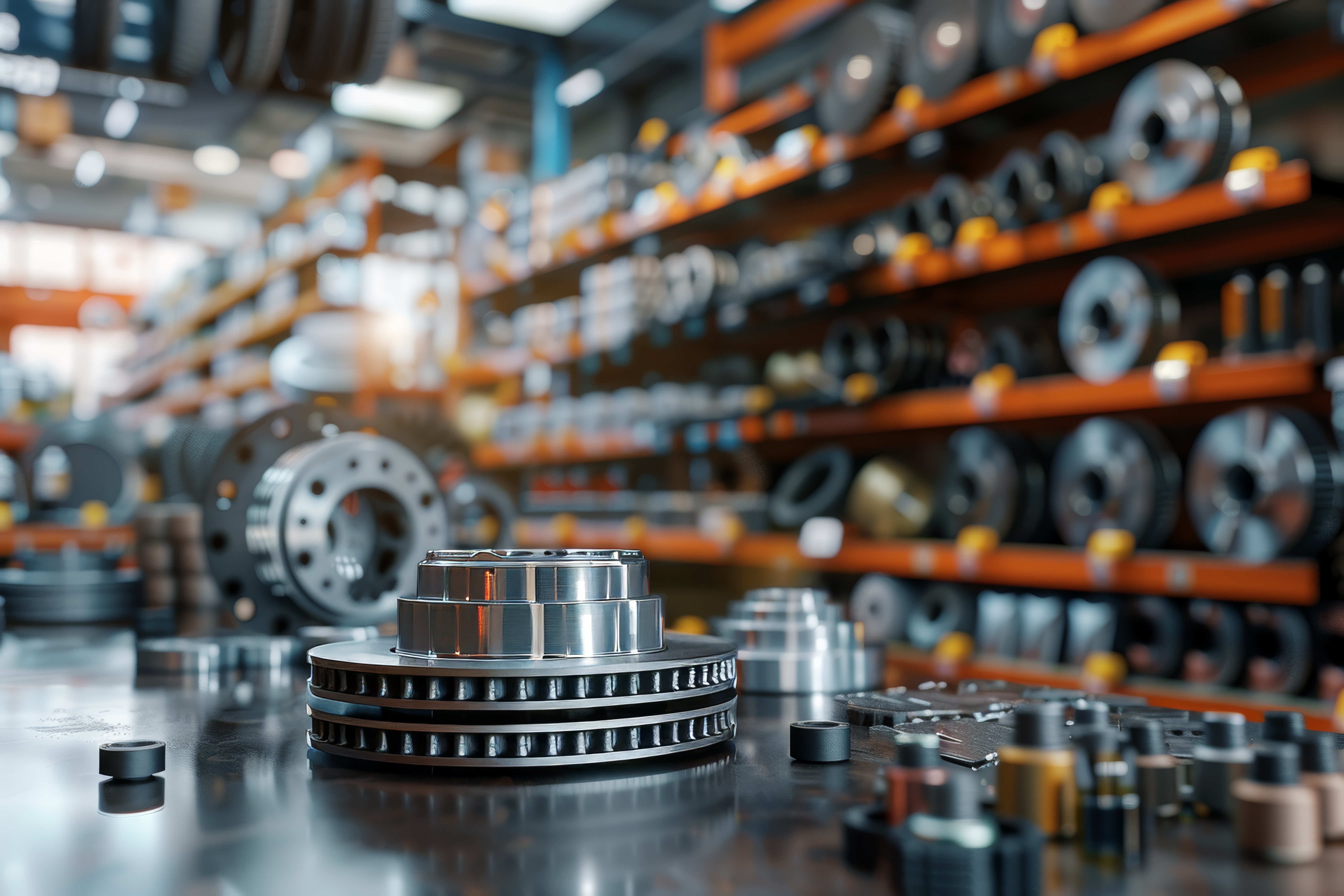 Industrial metal gears and mechanical components displayed in a manufacturing warehouse with orange shelving and machinery in background