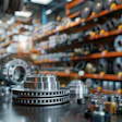 Industrial metal gears and mechanical components displayed in a manufacturing warehouse with orange shelving and machinery in background
