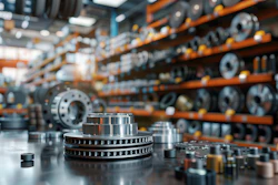 Industrial metal gears and mechanical components displayed in a manufacturing warehouse with orange shelving and machinery in background