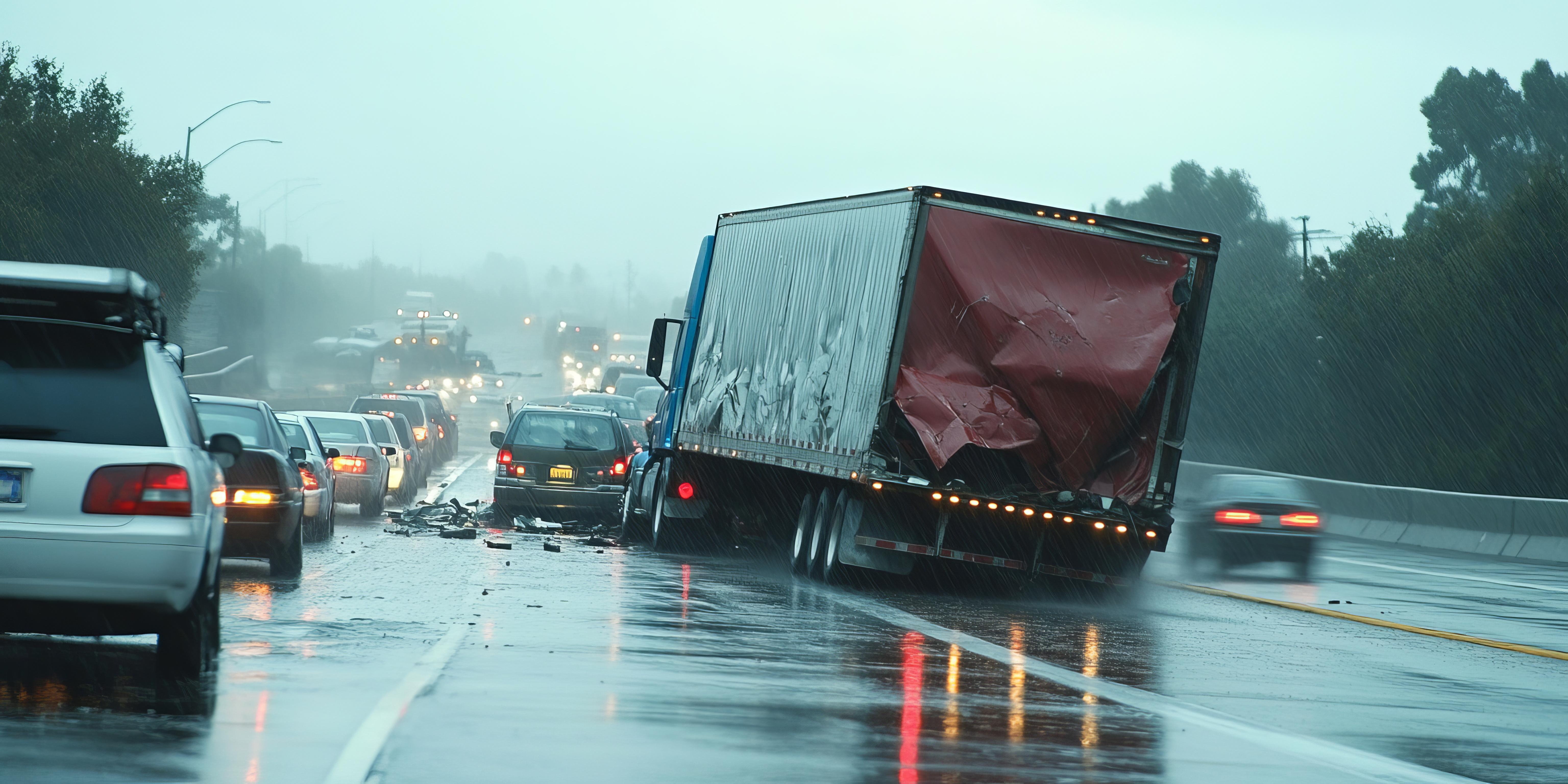 Multi-vehicle highway collision on wet freeway during rainy conditions with truck and passenger cars