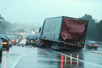 Multi-vehicle highway collision on wet freeway during rainy conditions with truck and passenger cars