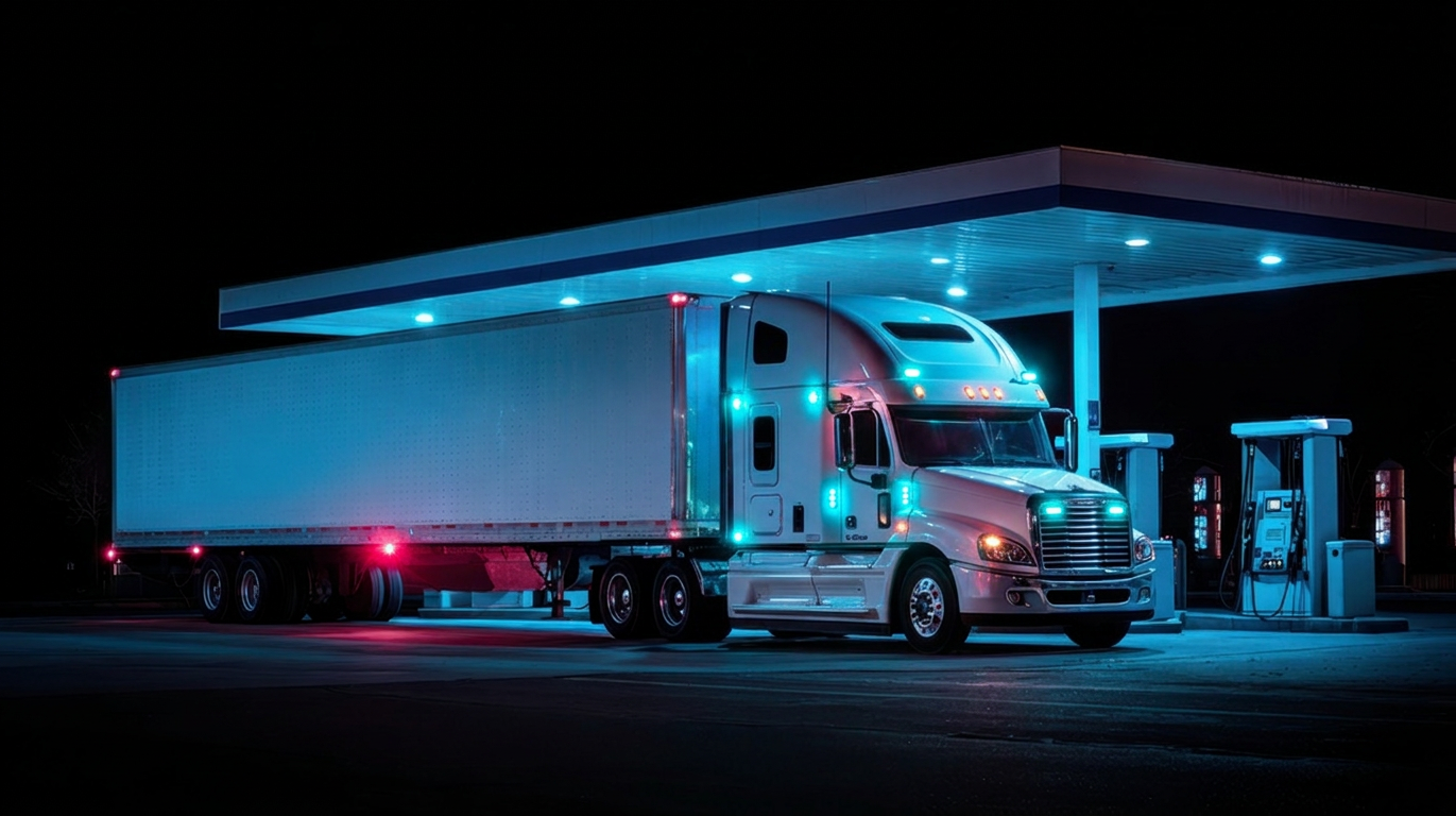 Semi-truck with refrigerated trailer parked at illuminated gas station at night
