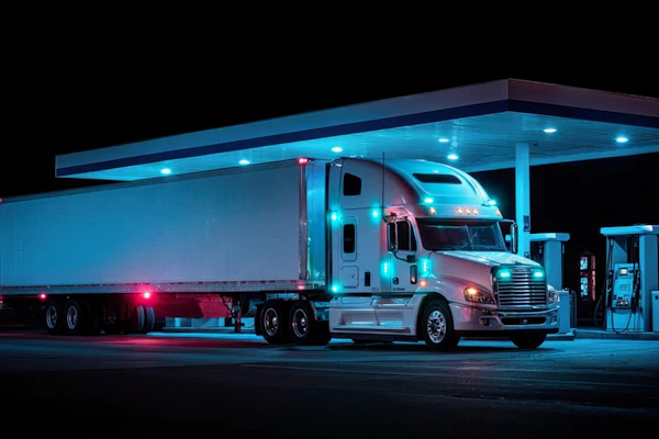 Semi-truck with refrigerated trailer parked at illuminated gas station at night