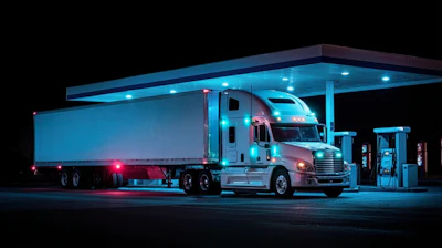 Semi-truck with refrigerated trailer parked at illuminated gas station at night