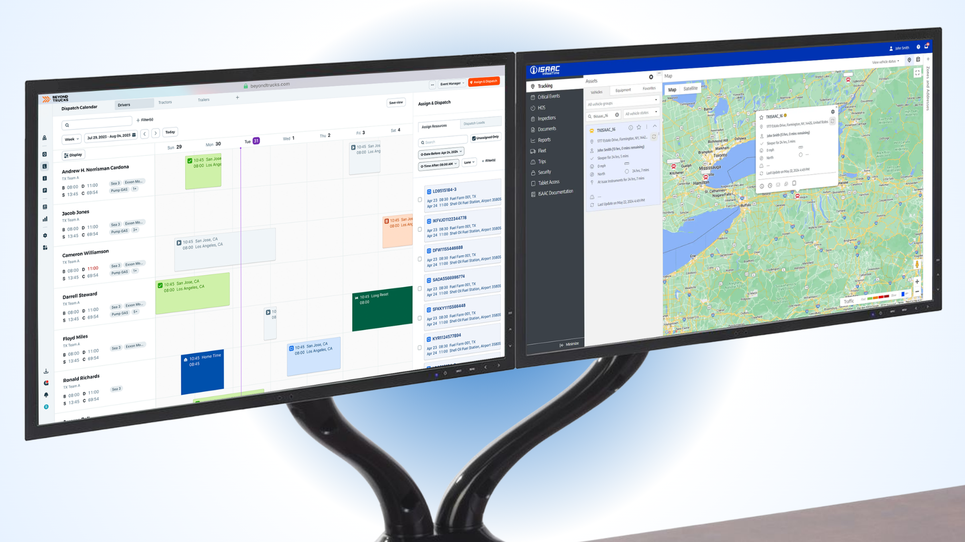 Dual curved monitor setup displaying project management software, communication tools, and map application for productivity workflow