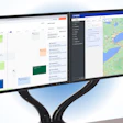 Dual curved monitor setup displaying project management software, communication tools, and map application for productivity workflow
