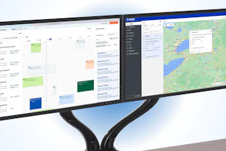 Dual curved monitor setup displaying project management software, communication tools, and map application for productivity workflow