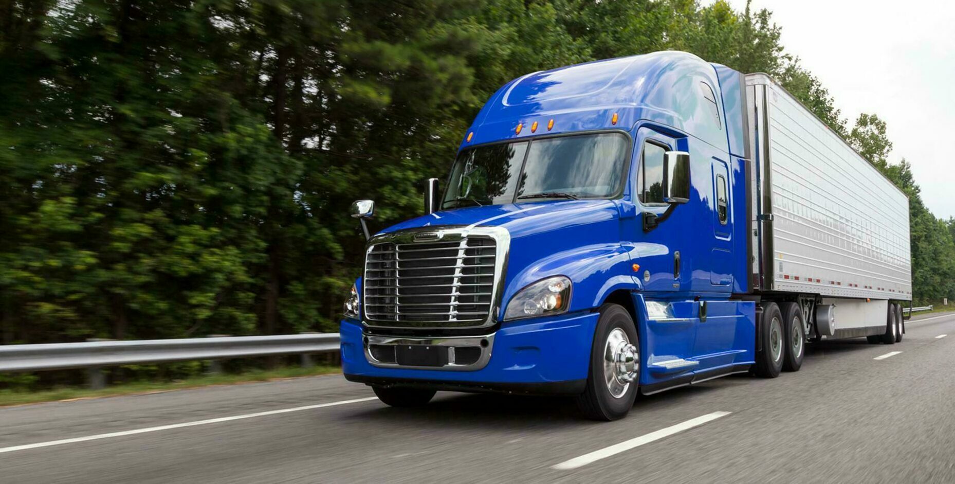 Blue Freightliner semi-truck with white trailer driving on highway surrounded by green trees