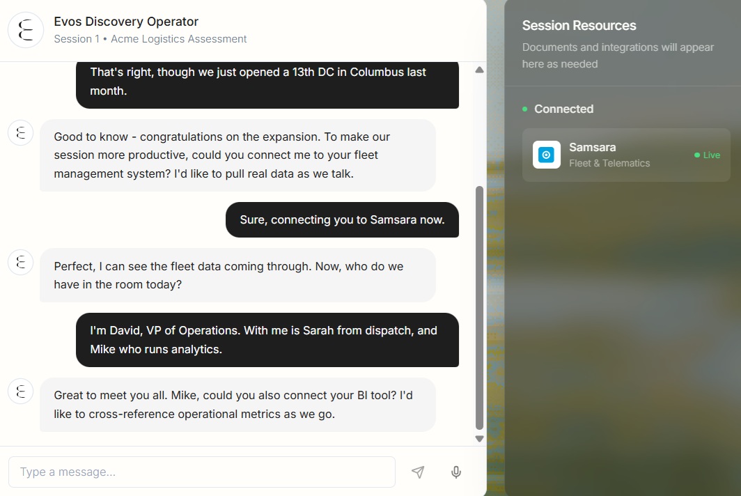 Business chat interface showing conversation between logistics team members discussing fleet management system integration and operational metrics.
