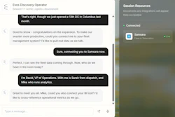 Business chat interface showing conversation between logistics team members discussing fleet management system integration and operational metrics.