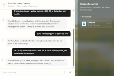 Business chat interface showing conversation between logistics team members discussing fleet management system integration and operational metrics.
