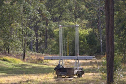 Trampoline with safety enclosure in a wooded backyard surrounded by tall trees and grass
