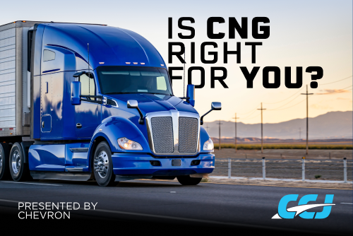 Blue semi-truck with text 'Is CNG Right for You?' presented by Chevron, set against a highway landscape at sunset