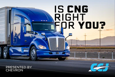 Blue semi-truck with text 'Is CNG Right for You?' presented by Chevron, set against a highway landscape at sunset