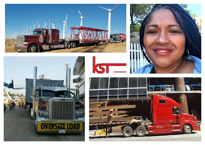 KST company logo with red and white design displayed among heavy transport and wind turbine logistics imagery