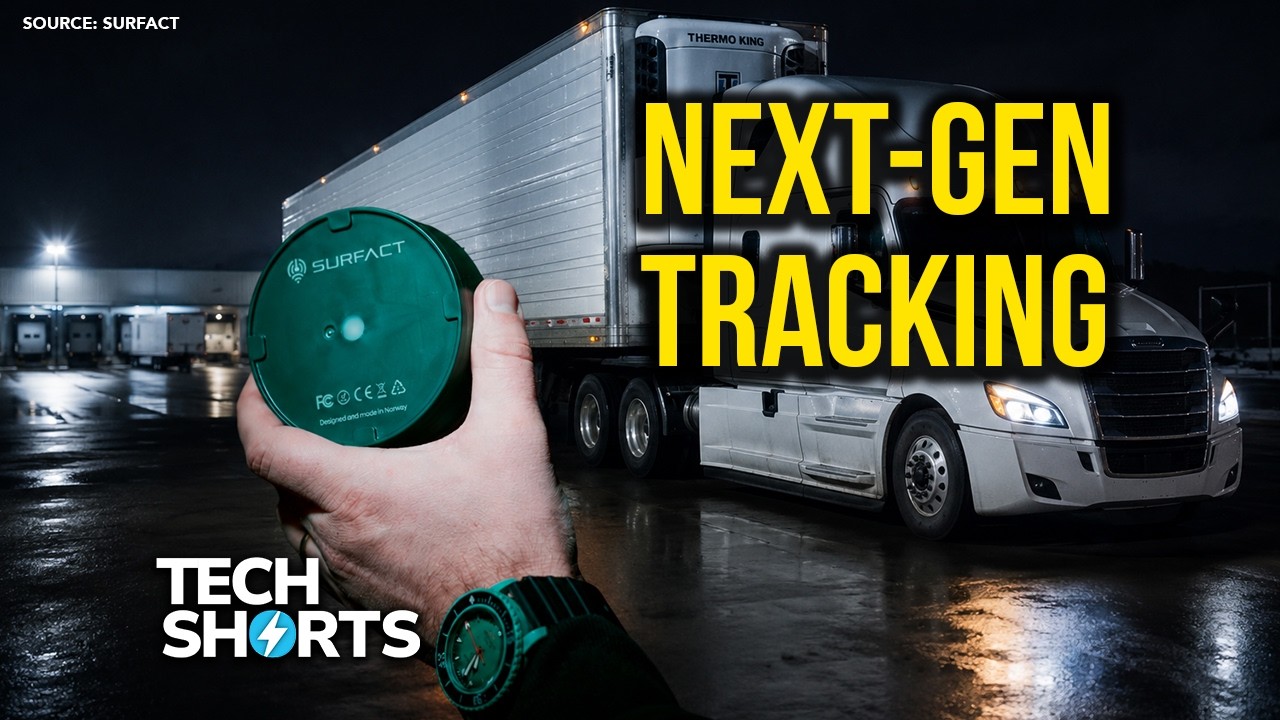 Surfact GPS tracking device held in hand with semi-truck in background at night, advertising next-generation fleet tracking technology