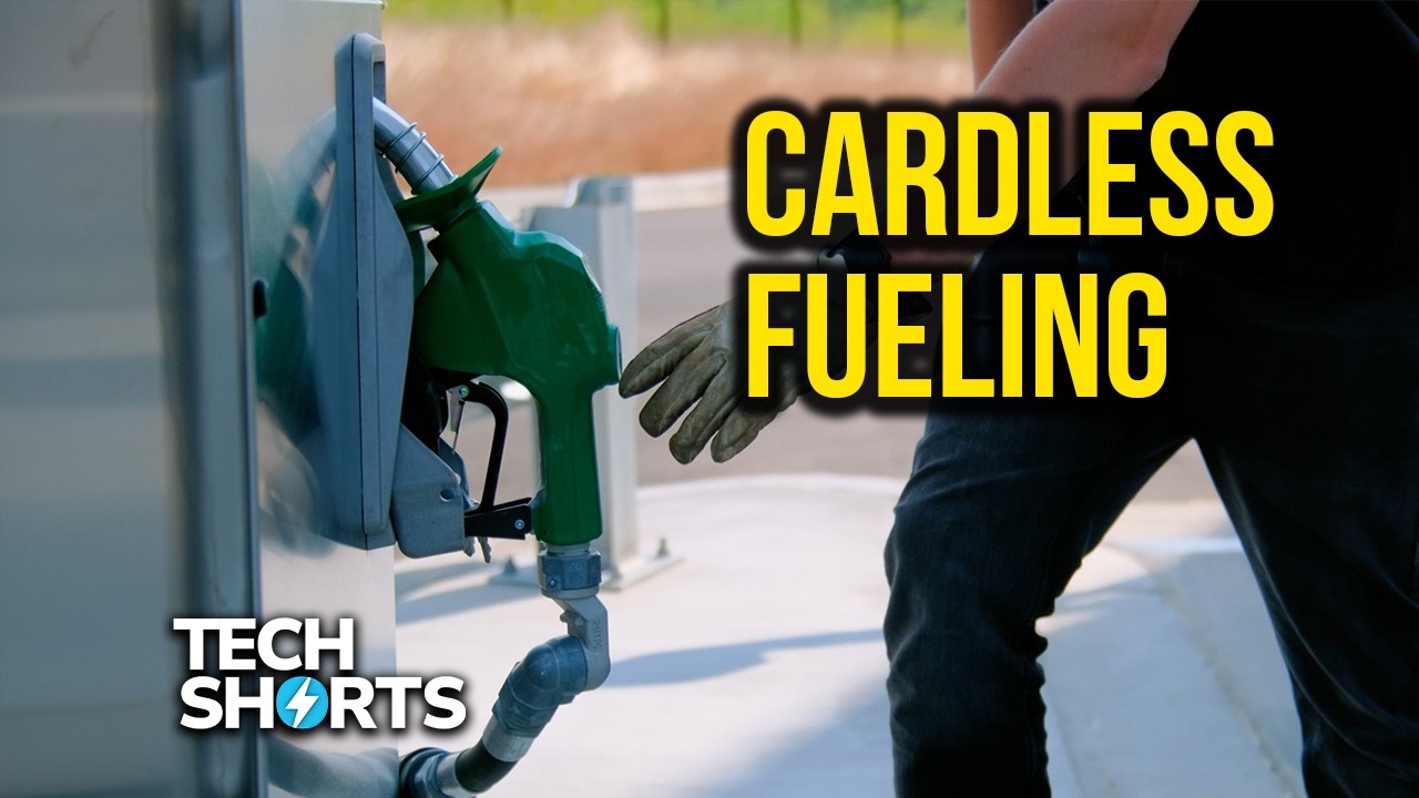 Person using cardless fueling technology at green gas pump nozzle