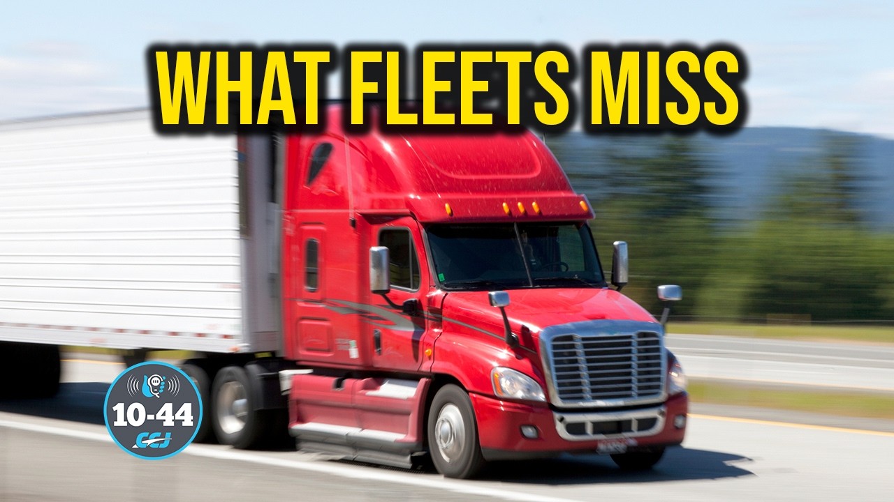 Red Freightliner semi-truck on highway with text 'What Fleets Miss' and 10-44 logo