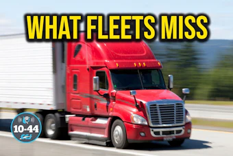 Red Freightliner semi-truck on highway with text 'What Fleets Miss' and 10-44 logo