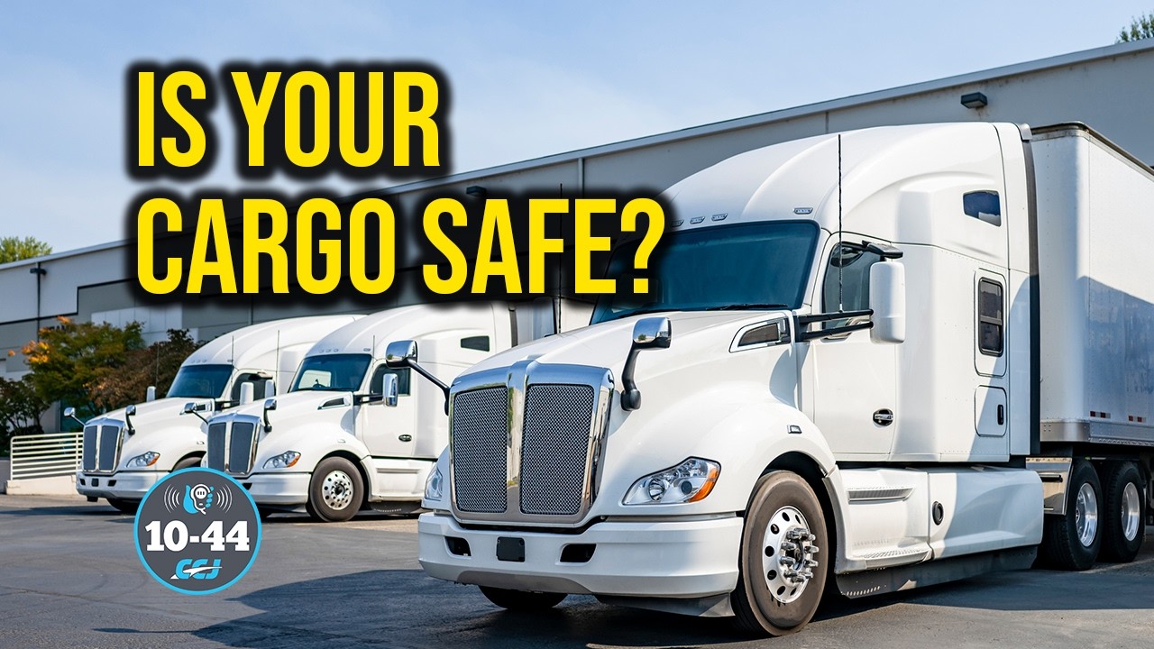Fleet of white commercial trucks with yellow text asking 'Is Your Cargo Safe?' and cargo safety rating badge
