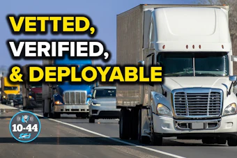 White Freightliner truck on highway with text 'Vetted, Verified, & Deployable' and 10-44 badge