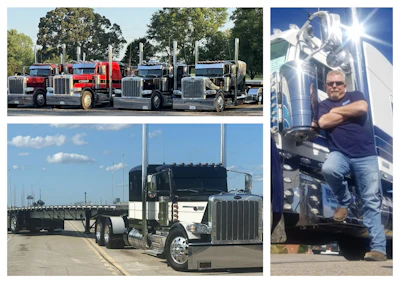 Collection of semi-trucks and driver photos showing red, blue, and chrome big rigs parked outdoors and a truck driver posing by his cab