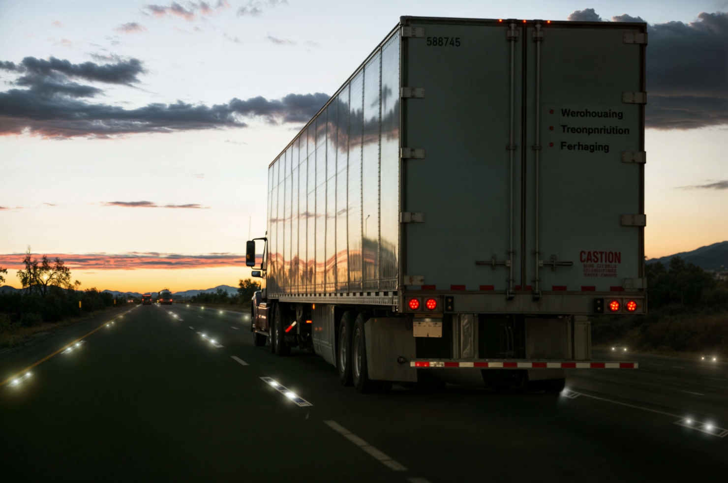 Semi-truck with refrigerated trailer driving on highway at sunset with dramatic cloudy sky