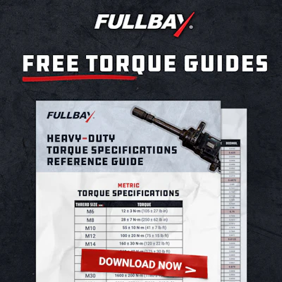Fullbay free torque guides promotional poster featuring heavy-duty torque specifications reference guide with metric torque table and download button