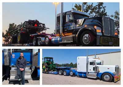 Heavy-duty trucking fleet displaying oversized load transport, equipment hauling, and commercial logistics services with blue and black trucks